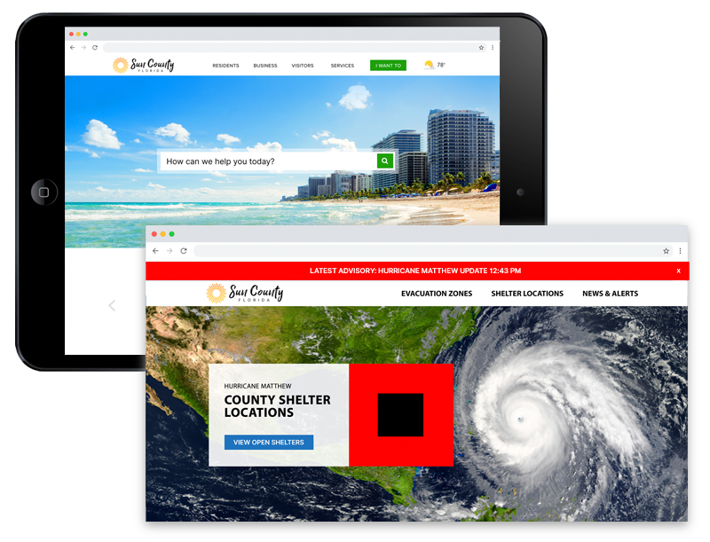 County website with hurricane image header and alerts