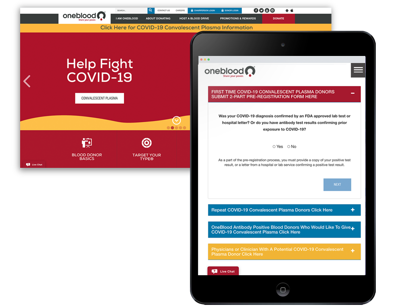Phone and web page view of oneblood website with COVID-19 information