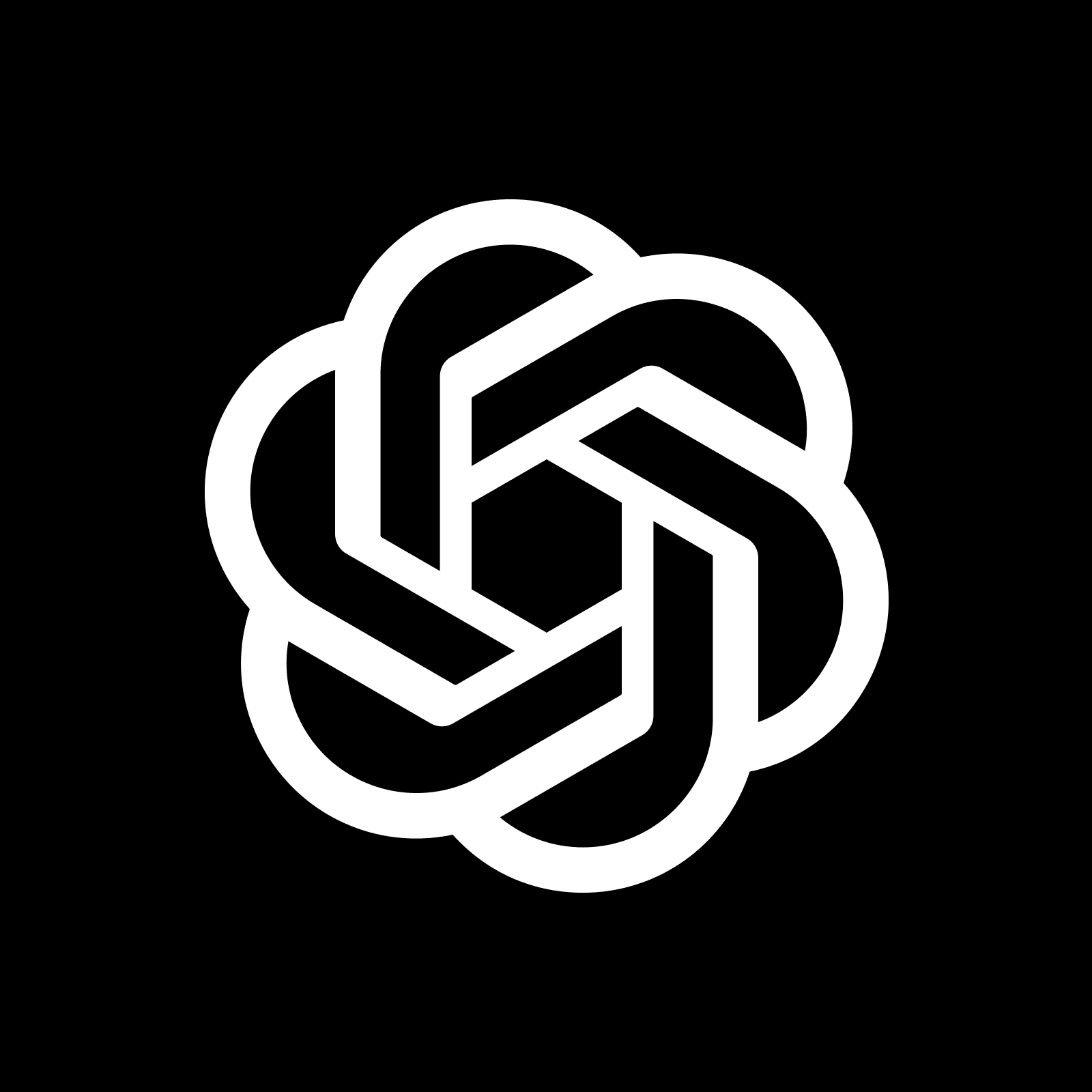 OpenAI logo icon, a graphical spiral resembling a flower in white line art against a black background. Logo