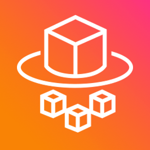 AWS Fargate icon - a cube with three smaller cubes below it, against a blended color background of orange and red. Logo