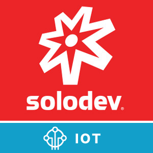 Image of Solodev white star and logo text in a red square, with a blue strip below containing a graphic of the AWS IoT services and the "IOT" text.