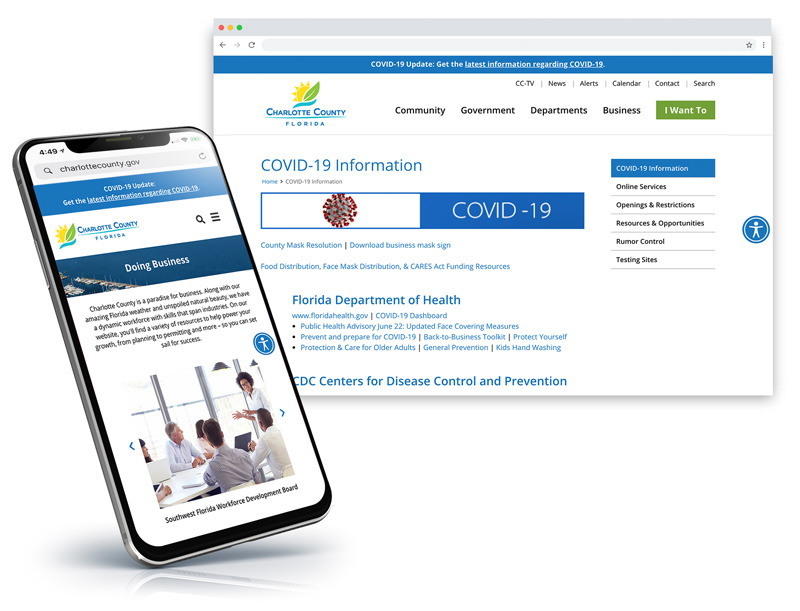 Charlotte County website in phone and browser with COVID-19 information