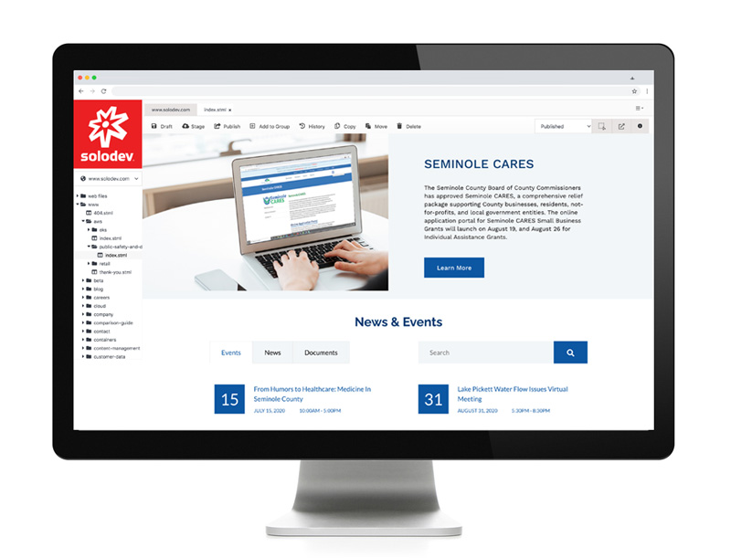 Seminole County website in Solodev CMS viewed in a computer monitor