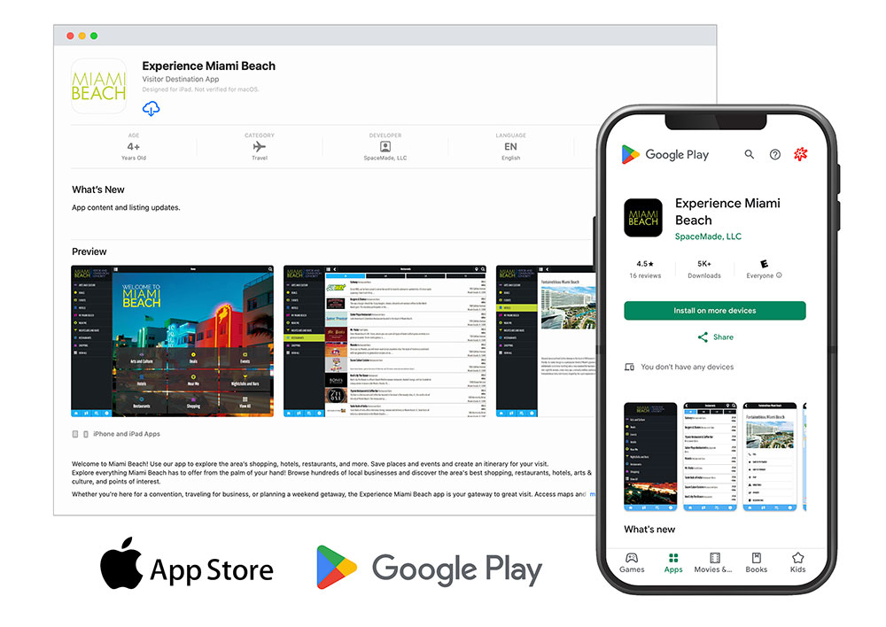 Experience Miami Beach App on a browser and an android phone with the App Store and Google Play logos under