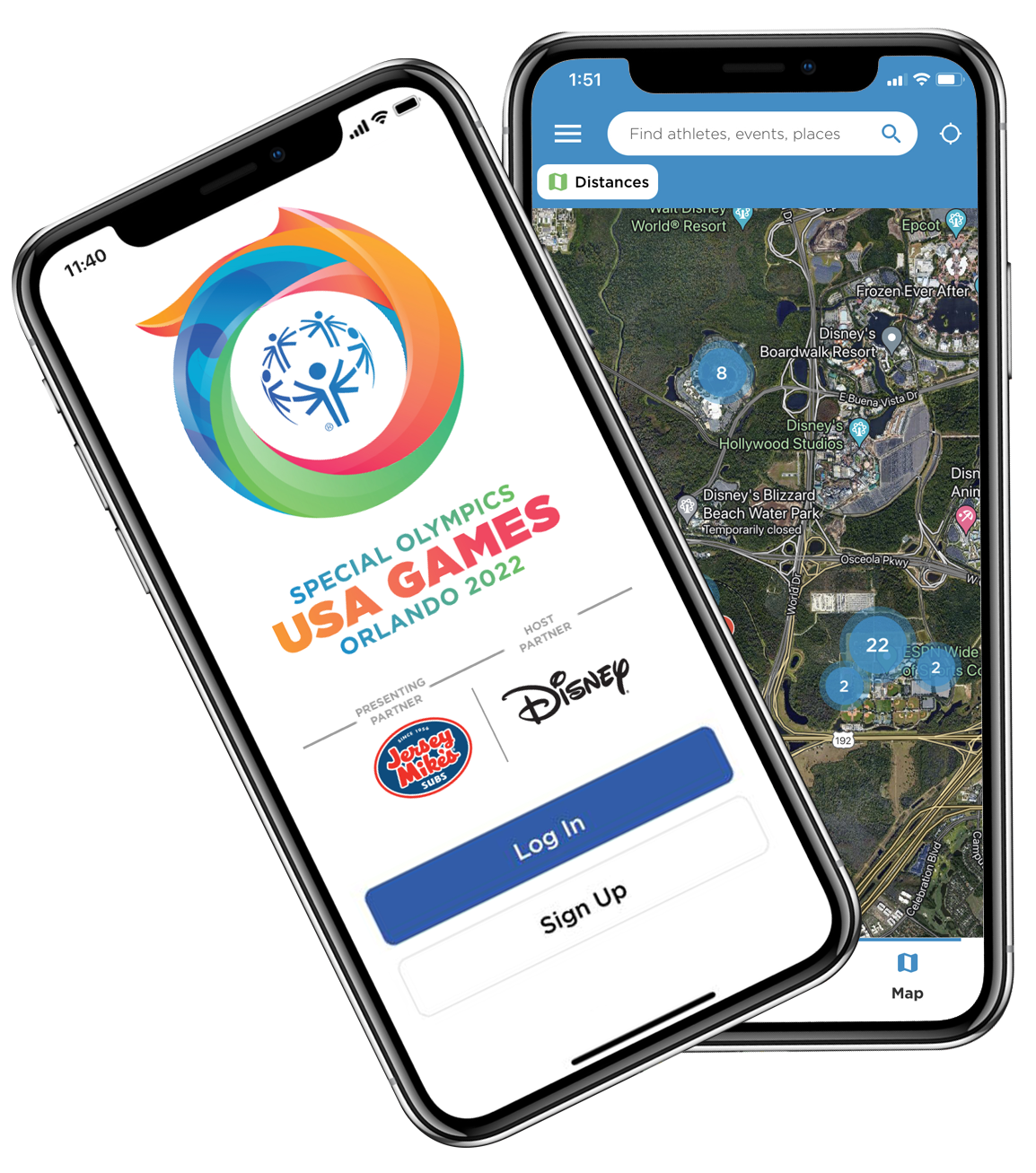 Two phones showing the Special Olympics app and a map