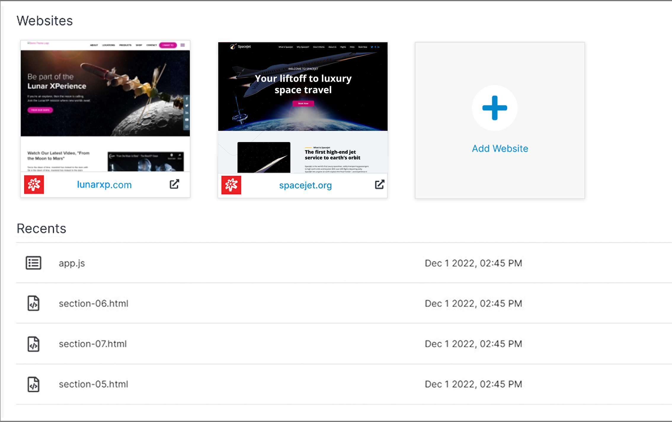 image showing a the website panel