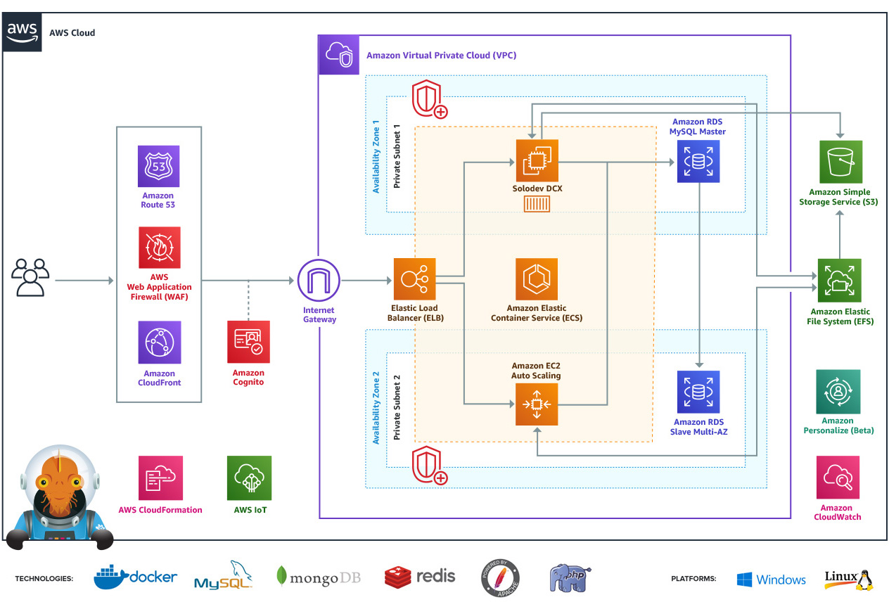 Solodev DCX Enterprise Edition for Docker architecture diagram for AWS deployment