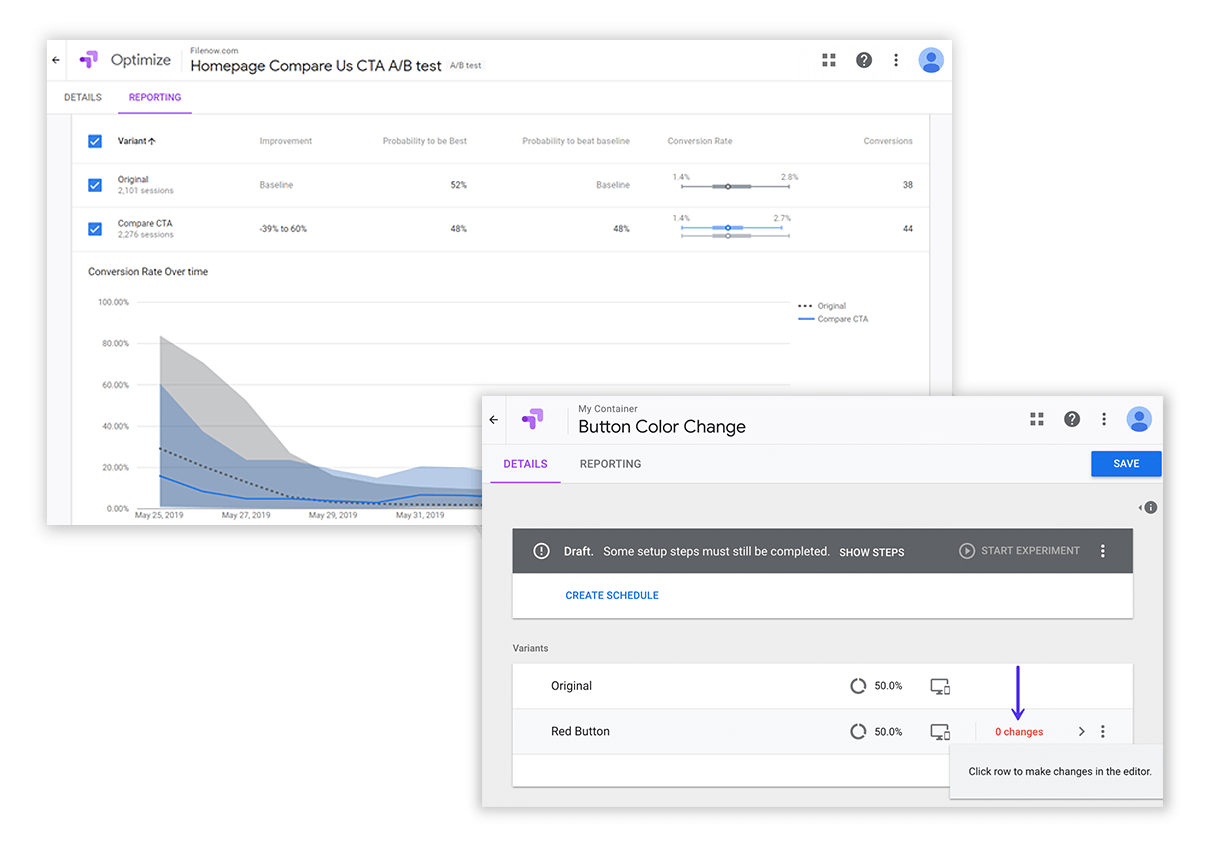 Screenshots of the Google Optimize software. featured Image