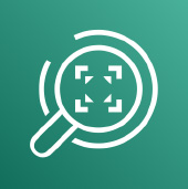 Image of Amazon Rekognition logo icon - a green square with a polymorphic blend in the background. In the center, a line art graphic in white of a stylized magnifying glass with a photo in the center of the lens.