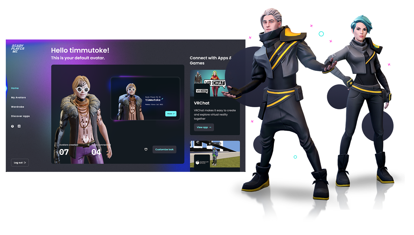 Composite Ready Player Me software screen for customizing avatars, along with two three-dimensional avatars (male and female) of futuristic game characters. featured Image