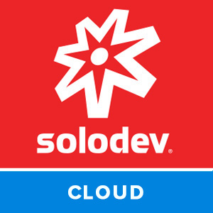 Image of Solodev CMS Cloud logo icon in the red square format with a blue modifier that reads "Cloud.". Logo