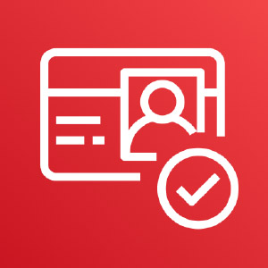 Amazon Cognito logo icon - a red square with a polymorphic blend, with a white vector pictogram of a personal ID with a checkmark inset in a small circle.