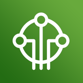Image of AWS IoT (Internet of Things) architecture icon – a green box with a stylized pictogram of a circle with lines connecting to smaller circles, implying a network of connection to devices across the cloud.