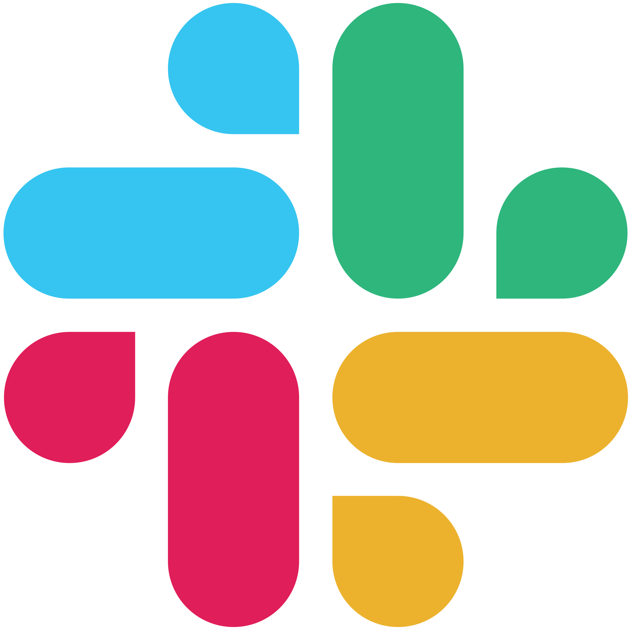 Image of Slack icon - a four-quadrant vector graphic that resembles a plus sign. Each of the four quadrants contains two elements that feature soft, curvilinear features. Each quadrant is tagged in a different color: red, blue, green, and yellow.