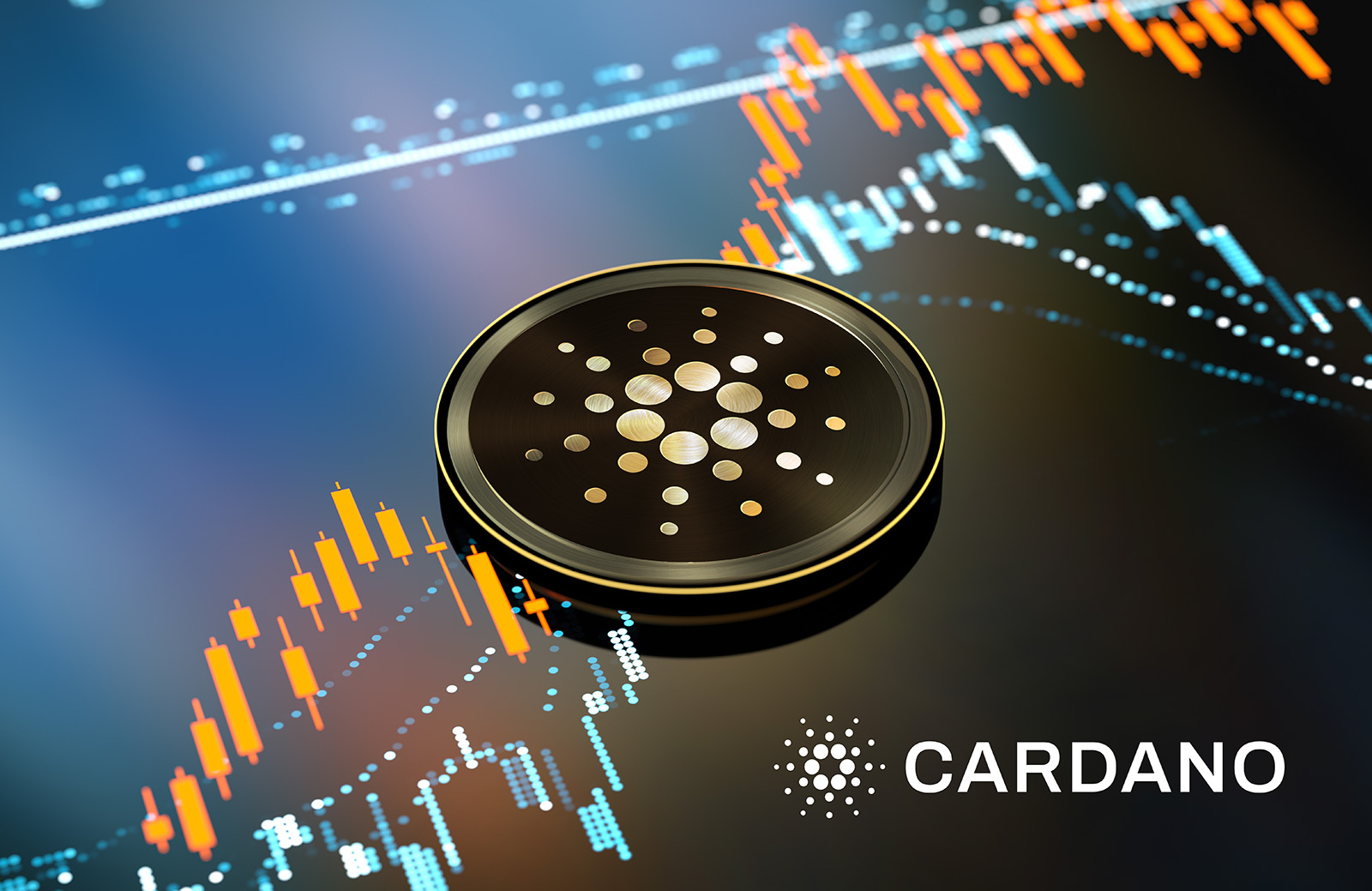 Cardano featured image - composite of crypto coin with dynamic background featured Image
