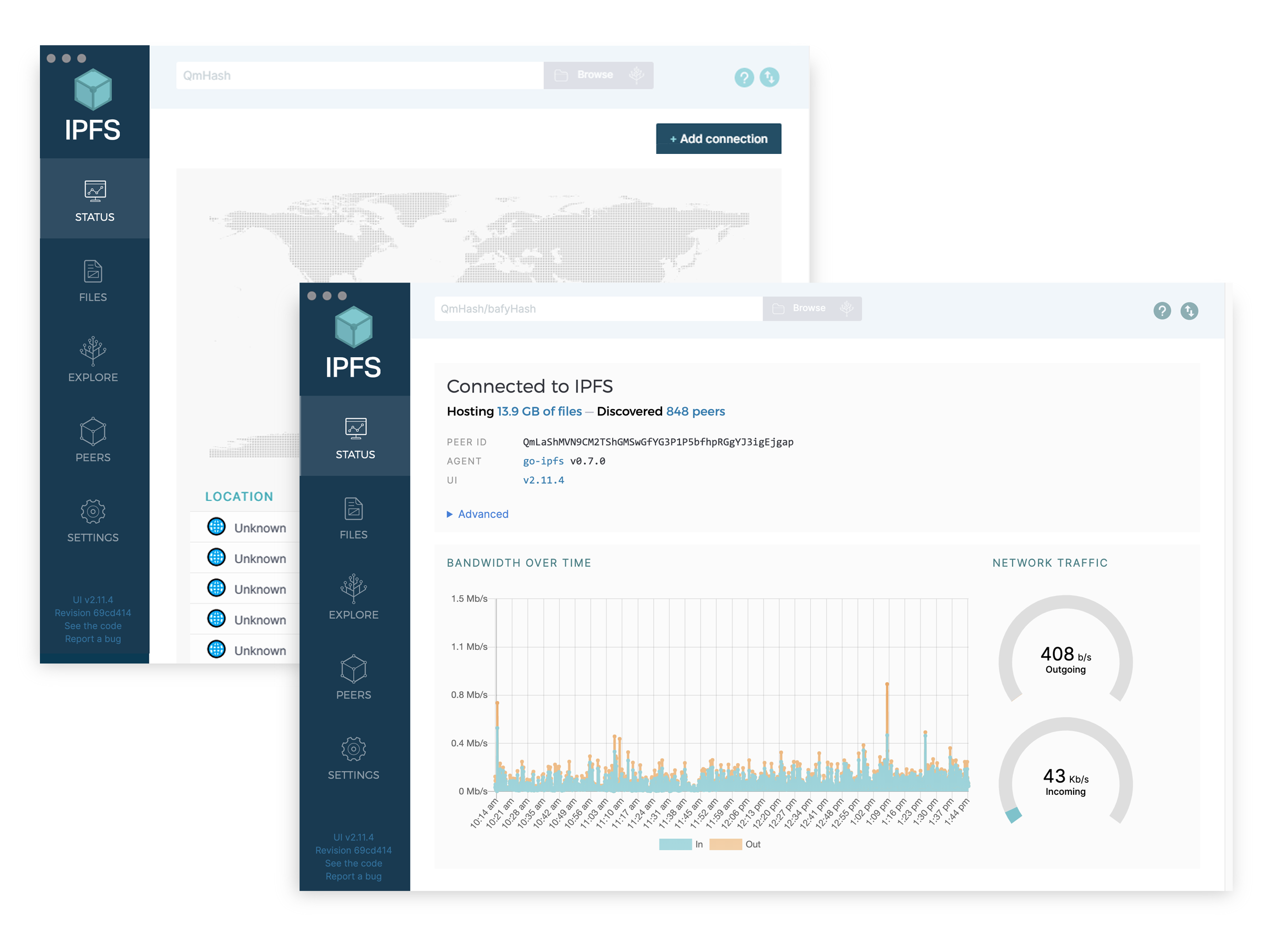 Two IPFS software screens, each detailing network traffic and connections to the file system. featured Image