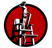 Lifeguard logo icon featuring a vector image of a young male lifeguard on a chair looking out with binoculars against a red circle background.
