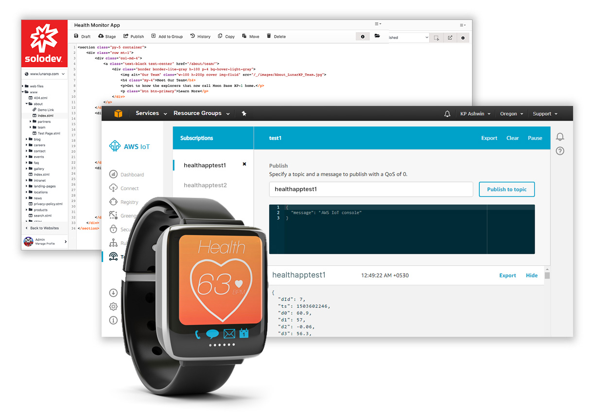 Composite image of IoT device ecosystem with a smartwatch in the foreground and two management software screens in the background. featured Image