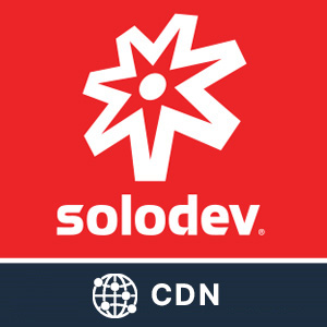 Image of Solodev CDN icon - a red box with the white Solodev star logo and text above a gray bar with a globe icon to the left and "CDN" text to the right.
