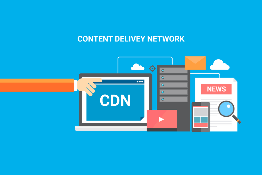 Composite vector illustration of an arm pointing at the acronym "CDN" on a computer screen, positioned next to a physical server, a video player, and a search icon. featured Image