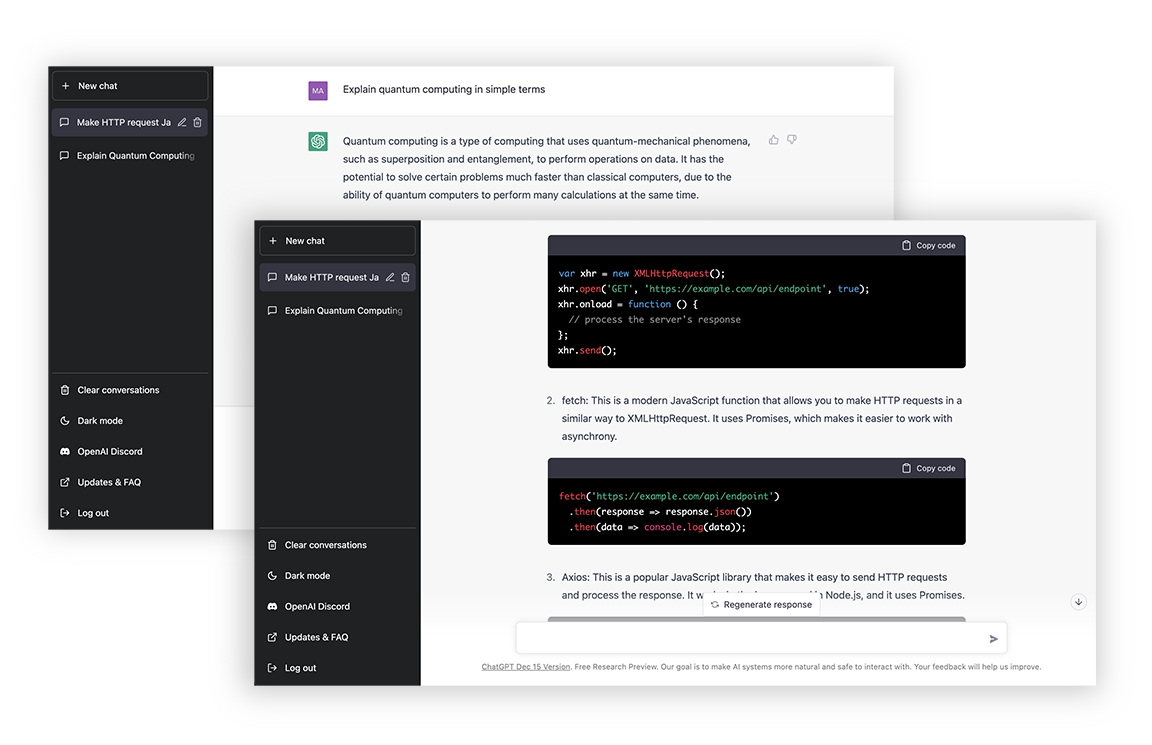 Composite of two ChatGPT screens showing conversations for "What Is Quantum Physics" and a code-related question with code samples. featured Image