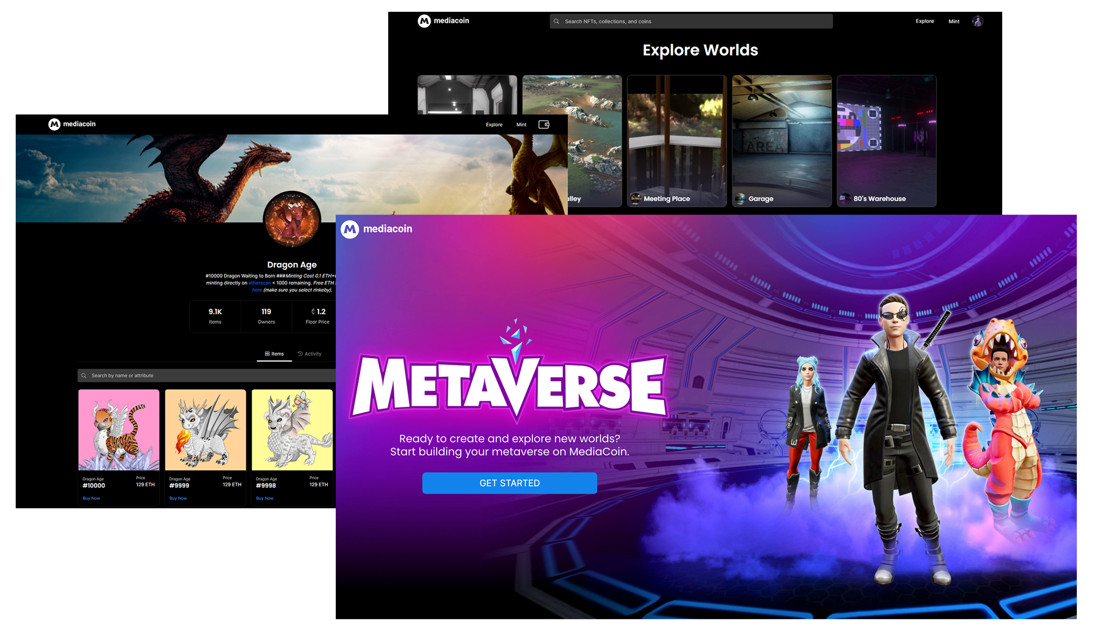 MediaCoin screen for creating and managing collections, as well as an inset of three metaverse gaming characters: a cybersoldier woman with a laser rifle, a glam-space-age panda with a helmet and guitar, and a mad scientist.