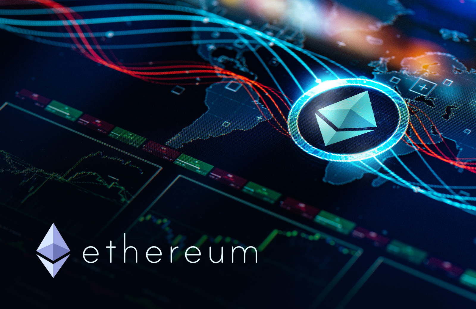 Ethereum featured image composite of logo on dynamic, computerized background featured Image