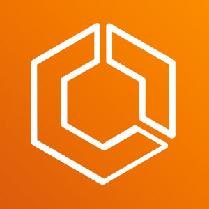 Amazon ECS logo icon - an orange square with a polymorphic blend in the background. In the center, a white line art graphic of a stylized hexagon broken into two segments.