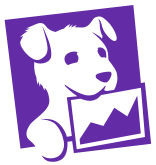 Datadog logo icon - a purple, angled box containing a vector illustration of a puppy with an image of a chart hanging from its mouth.
