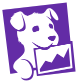 Datadog logo - a purple, angled box containing a vector illustration of a puppy with an image of a chart hanging from its mouth