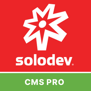 Image of Solodev logo - a white star against a red square with the "solodev" text below. Under the square, a green bar with the text "CMS PRO."
