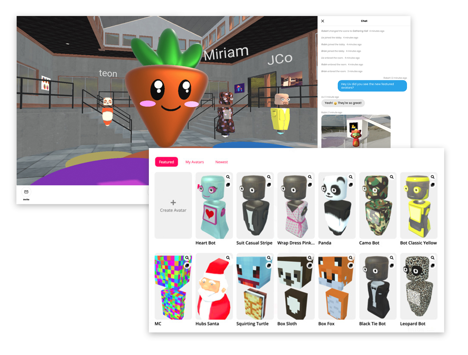 Hubs by Mozilla environment with avatars floating in a shared room, including a large carrot character. Also, an inset image of the avatar builder and selector from the Mozilla Hubs software. featured Image