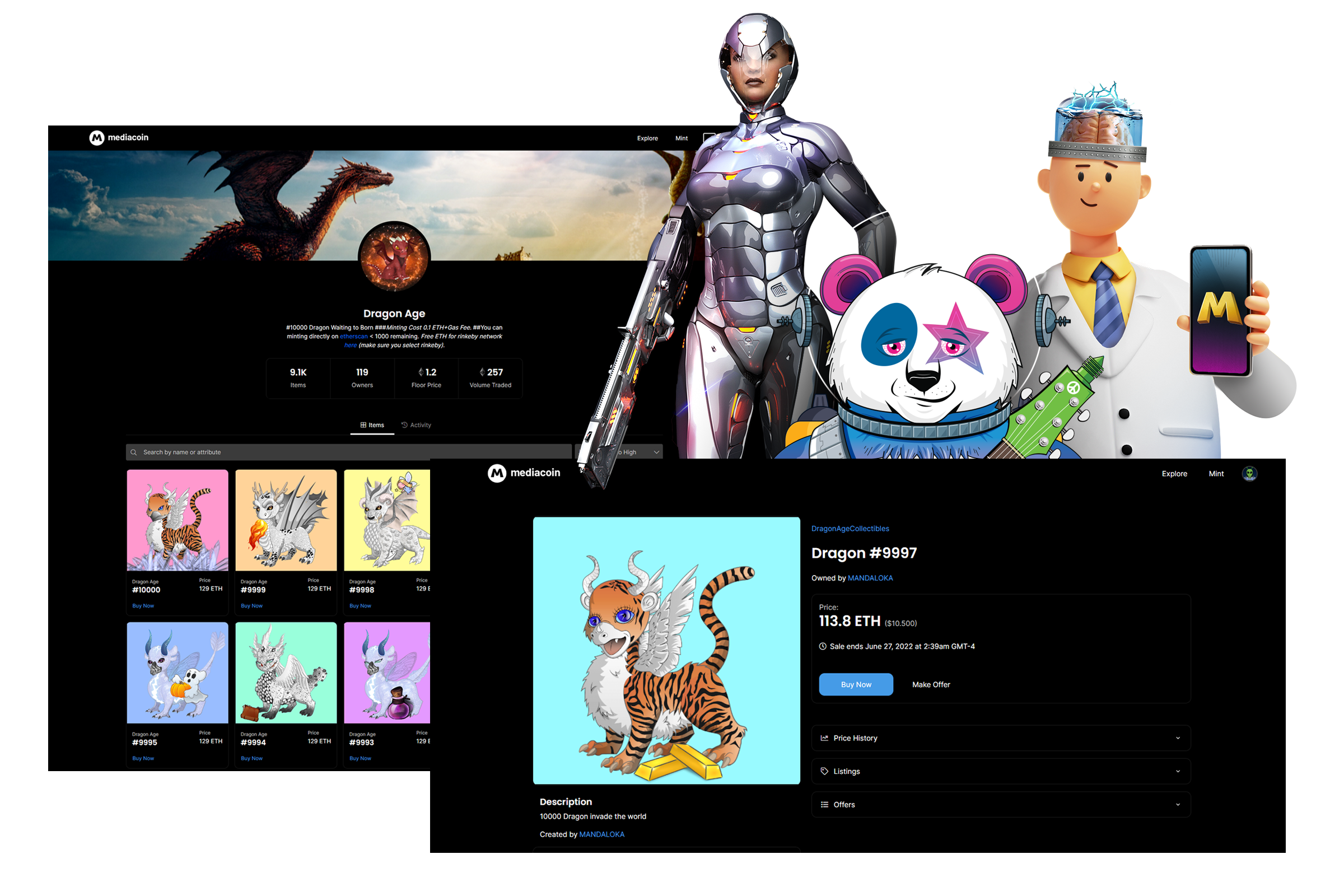 Image of MediaCoin screen for creating and managing collections, as well as an inset of three metaverse gaming characters: a cybersoldier woman with a laser rifle, a glam-space-age panda with a helmet and guitar, and a mad scientist. featured Image