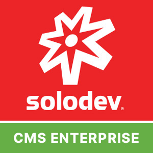 Image of Solodev logo - a white star against a red square with the "solodev" text below. Under the square, a green bar with the text "CMS ENTERPRISE."