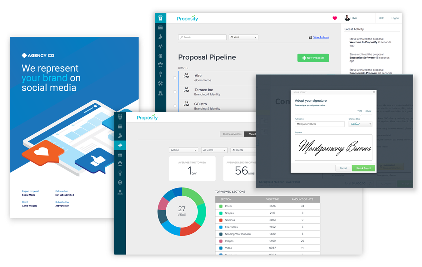 Composite Proposify proposal templates, software screens, and graphs showing viewer data. featured Image