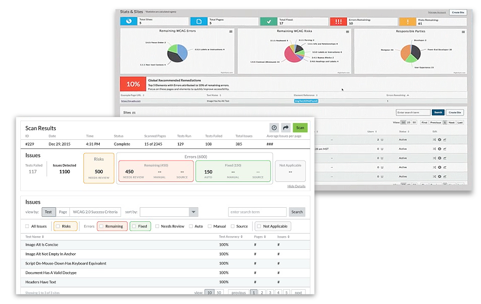 AudioEye product user interface, displaying accessibility reports from website scans. featured Image