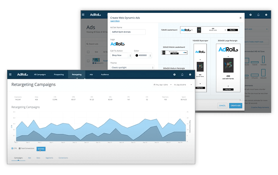 Screenshots of AdRoll software showing graphs of ad performance.