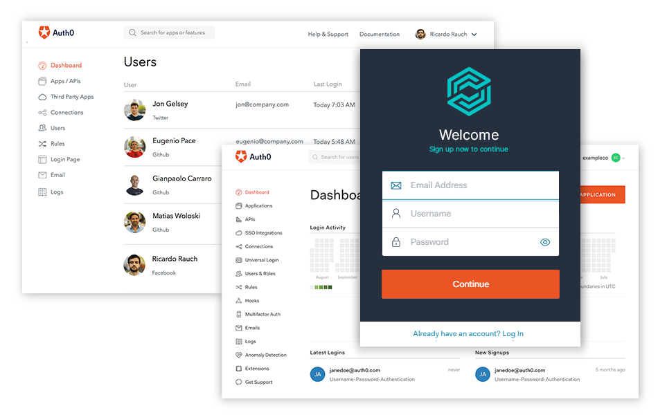Auth0 product screens showing secure sign in capabilities and dashboards.. featured Image