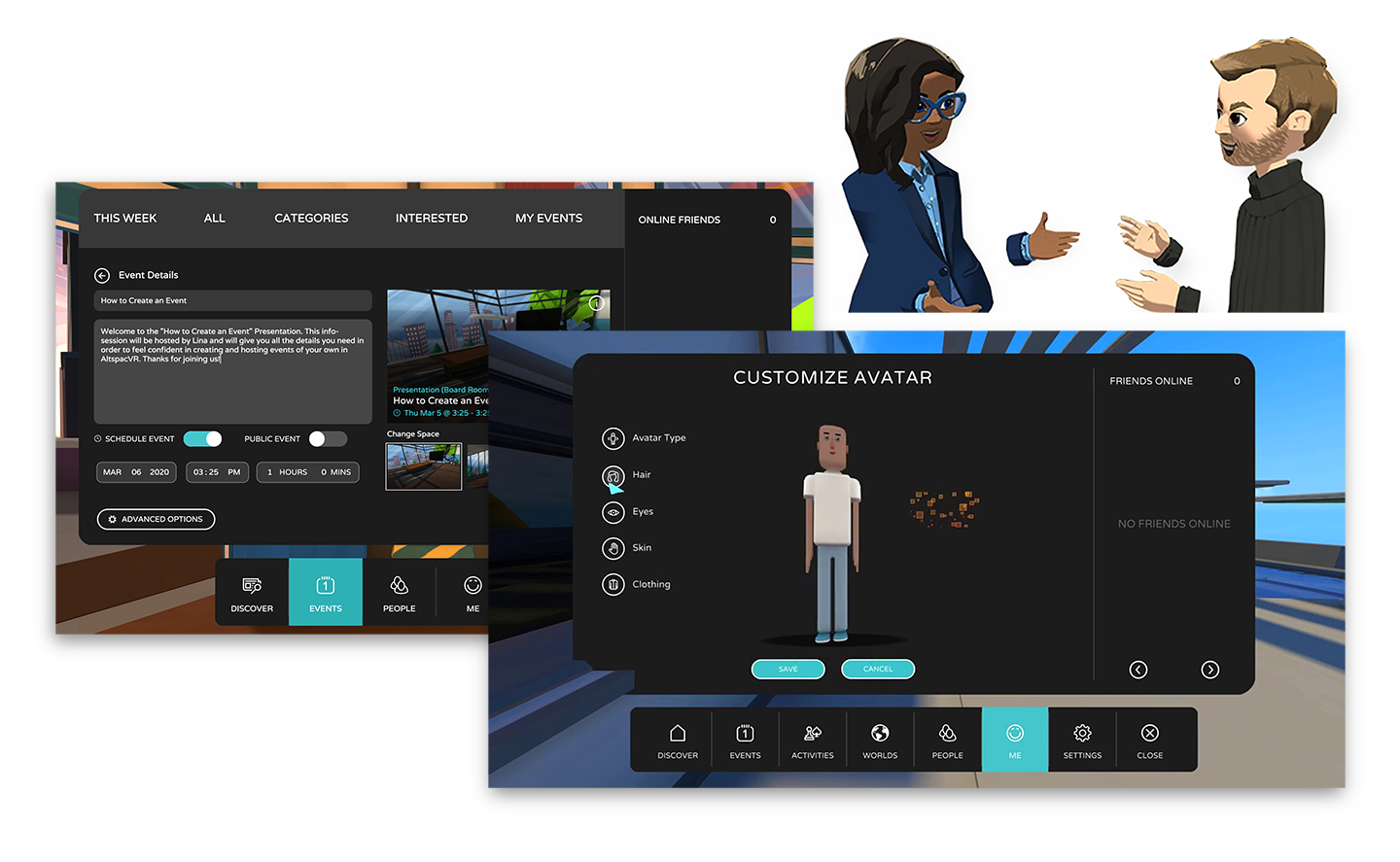 Composite image of AltspaceVR screenshots for creating custom avatars, as well as an image of two avatar people - a man and a woman - in a conversation, floating above the screenshots. featured Image