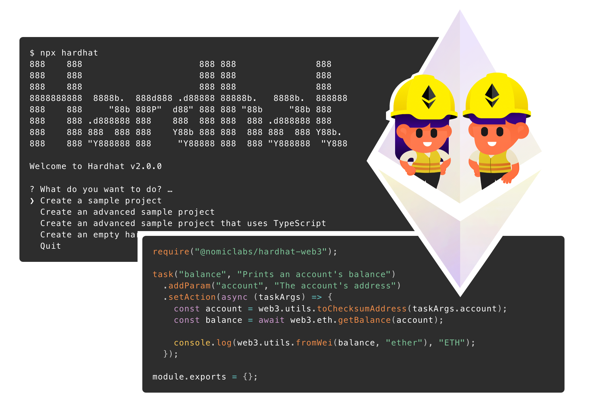 Image of Hardhat CLI screens with an inset of cartoon characters wearing the Hardhat logos helmets against an Ethereum logo icon. featured Image