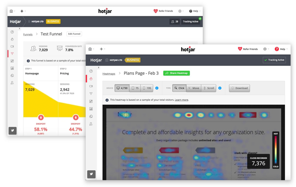 Layered image of Hotjar product software screens featuring test metrics