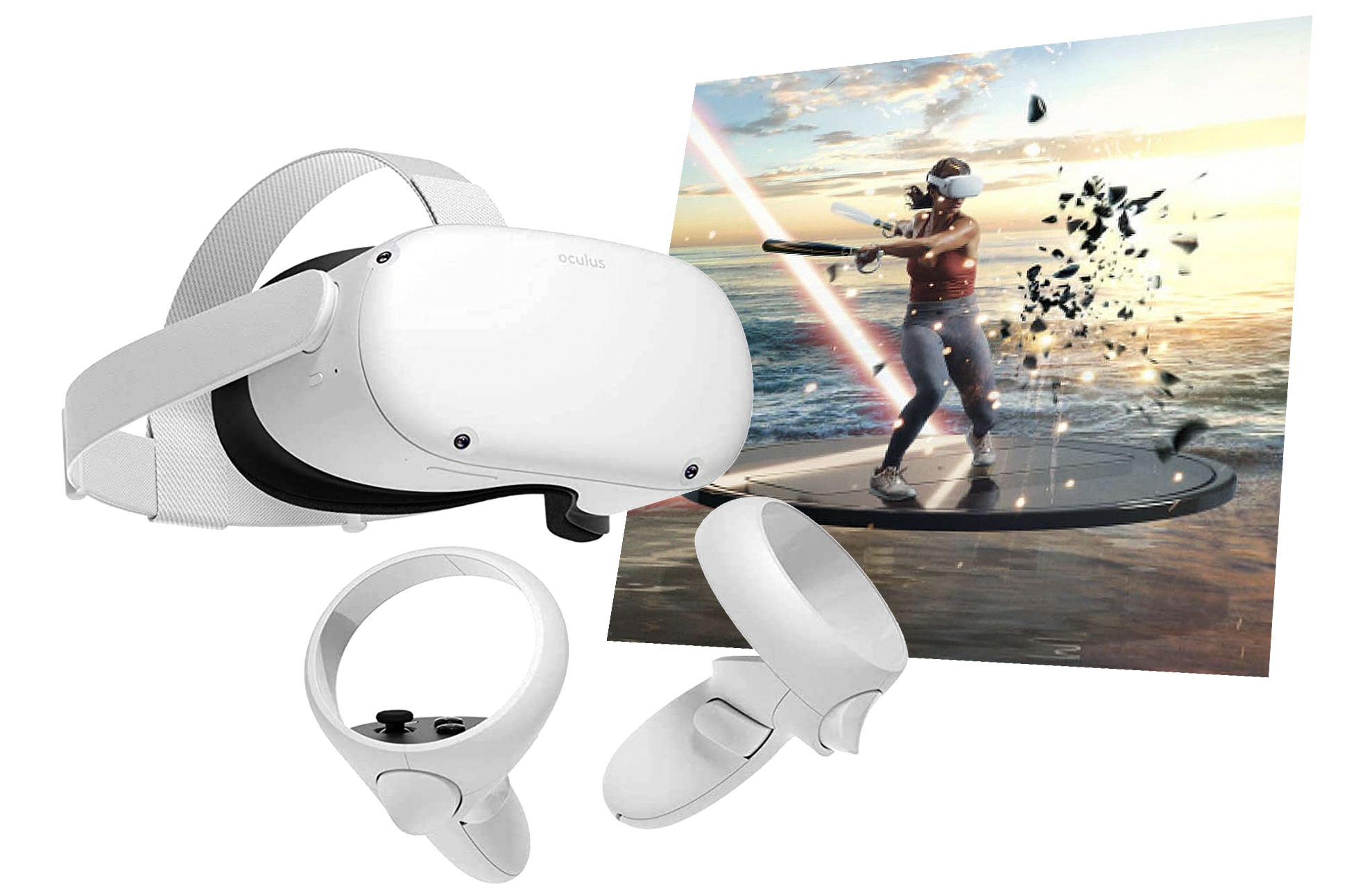 Image of Meta Quest 2 headset with controllers and inset image of a VR game in the background. featured Image