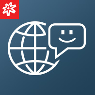 HelloWorld logo icon as a globe depicted as graphical white lines to indicate latitude and longitude, and a thought bubble with a smiley face peeking past the globe.