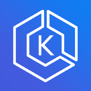 Amazon EKS logo icon - a blue square with a polymorphic blend in the background. In the center, a white line art graphic of a stylized hexagon broken into two segments framing a K.